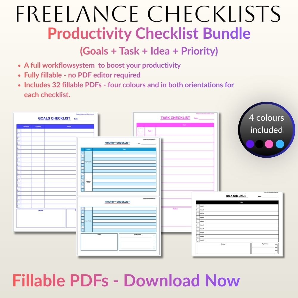 Productivity Checklist Bundle (Goals Checklist + Priority Checklist + Task Checklist +Idea Checklist)