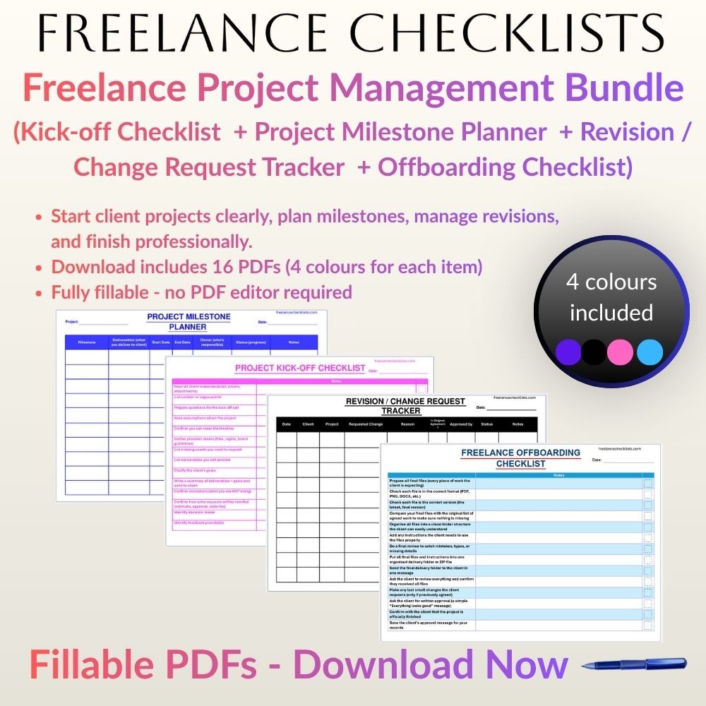 Freelance Project Management Bundle (Kick‑off Checklist + Project Milestone Planner + Revision / Change Request Tracker + Offboarding Checklist)
